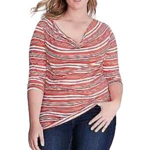 LANE BRYANT Striped Drapey Neck Top Coral White Stretch NWT Plus 26 28 Stripes
